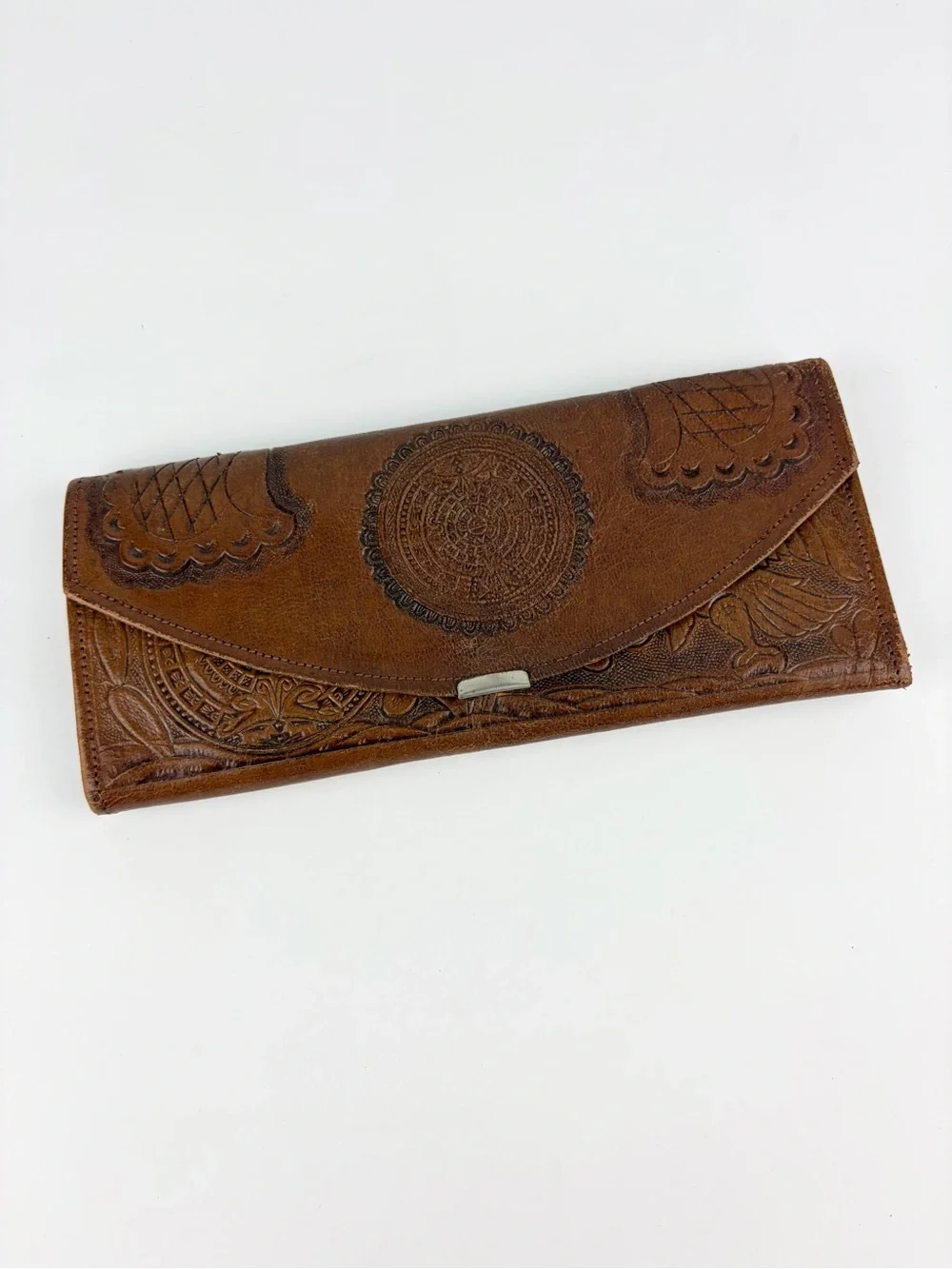 Vintage 70s 80s Tooled Embossed Leather Trifold Wallet Mexico